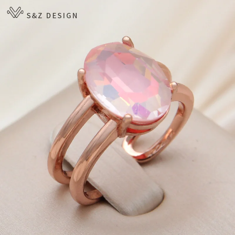 S&Z DESIGN New Fashion Adjustable Egg Shape Oval Crystal Rings For Women Wedding Elegant 585 Rose Gold Color Jewelry Fine Gift