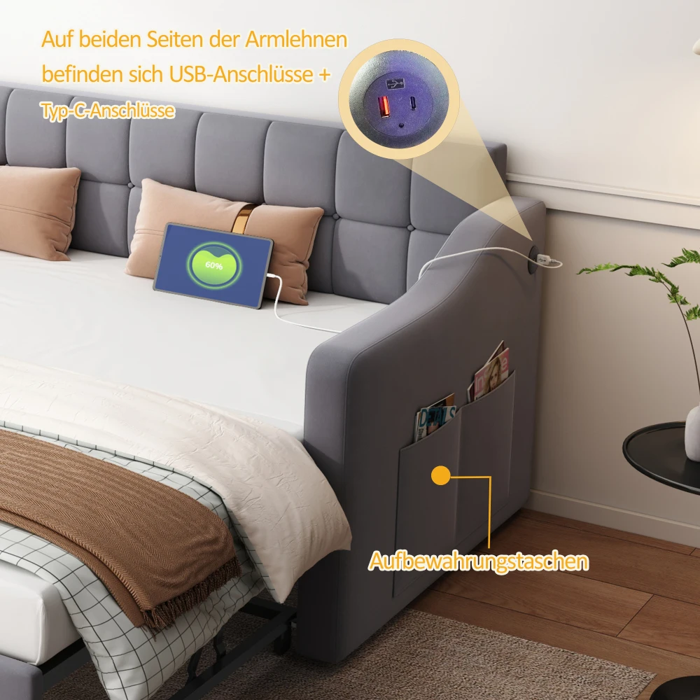 Gepolstertes Bett, Schlafsofa, Multifunktions-Schlafsofa, 90 x 180 x 190 cm, hellgraues, mit Samt gepolstertes Bett mit Steckdose und Aufbewahrungstasche – Detail 25