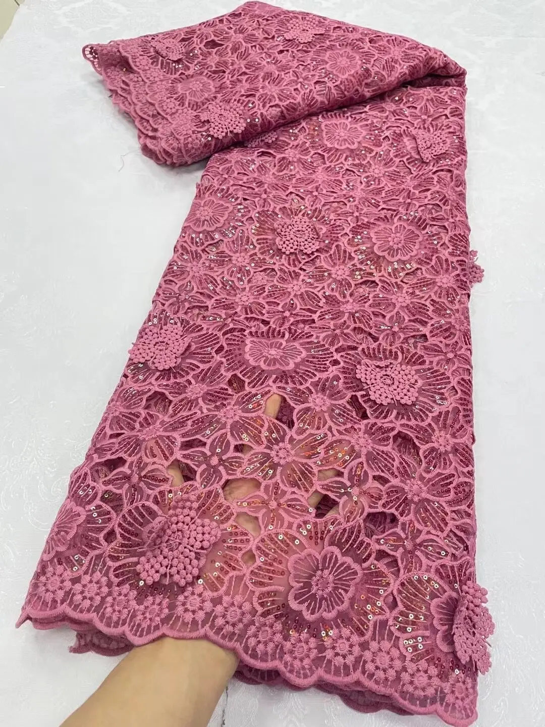 

2024 African Nigerian High Quality Latest Embroidery Sequins Tulle Lace Fabric Sewing Guipure Prom Dresses Beads 5Yards JL288
