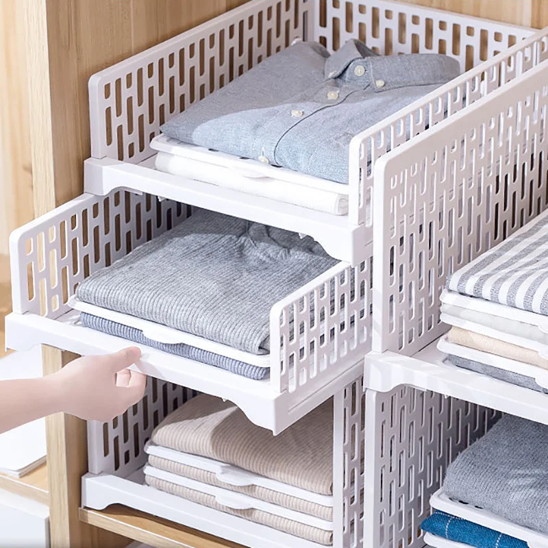 Stackable Wardrobe Drawer Cabinet Organizer Drawer Clothes Closet Storage Box Shelves Plastic Layered Partitions Storage Rack