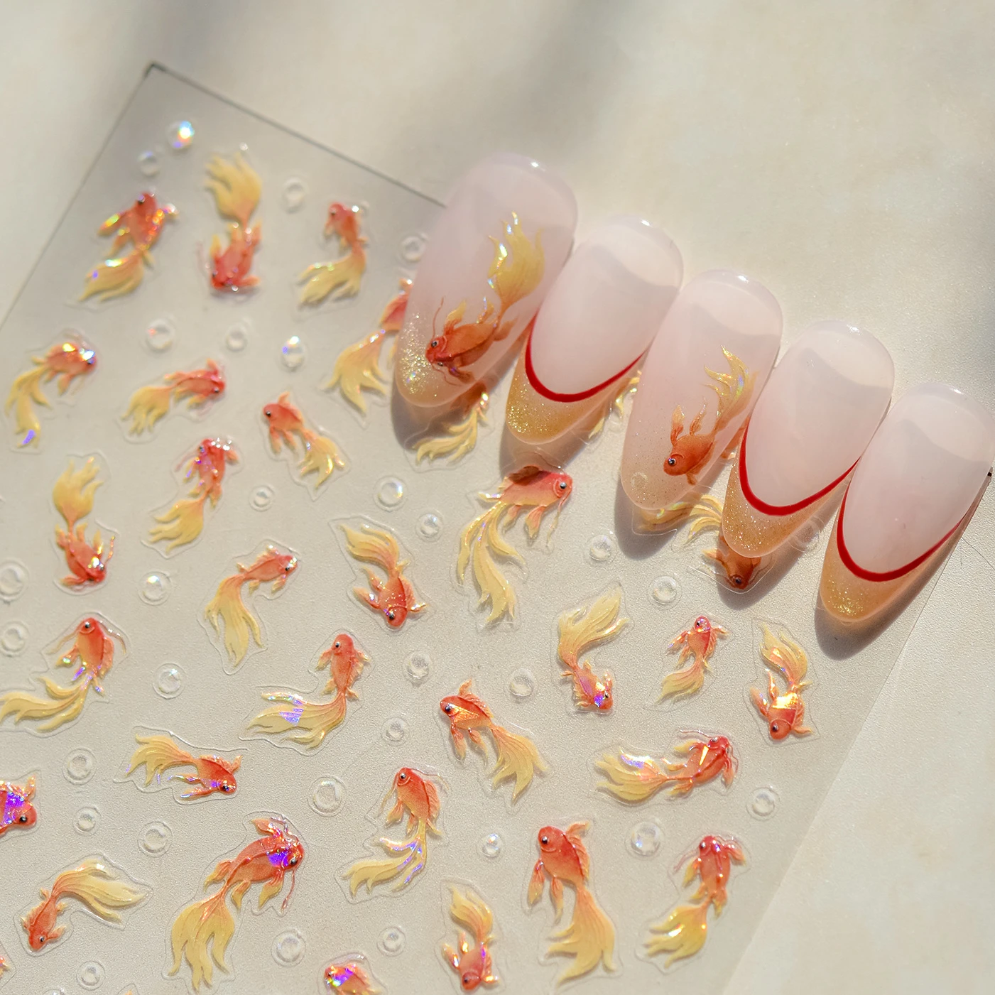 Cute Goldfish Brocaded Carp Koi Water Bubbles Sparkling Ripples Soft Embossed Relief Adhesive Nail Art Stickers Manicure Decals