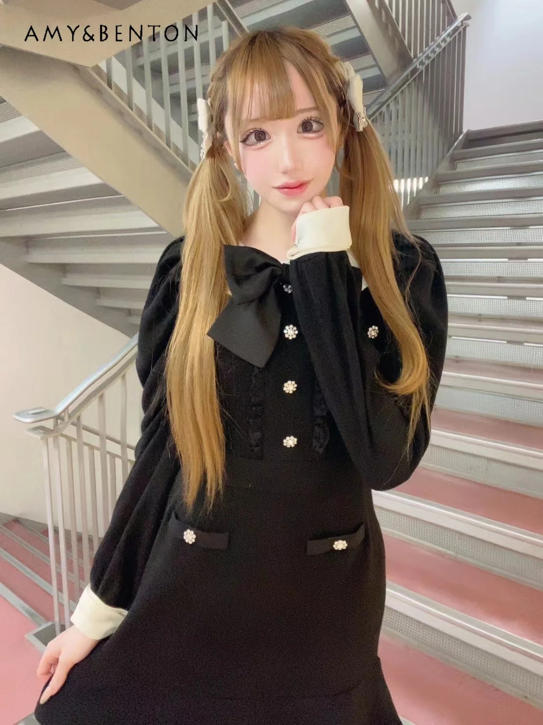 

Японское милое мини-платье с большим ярким цветочным воротником и пышными рукавами, приталенное женское милое клетчатое ТРАПЕЦИЕВИДНОЕ ПЛАТЬЕ в крупную серию