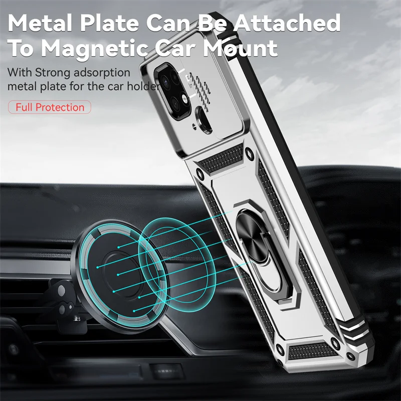 Durable Armor Phone Case with Slide Window Lens Protector and Magnetic Holder Ring for Xiaomi Redmi 10C and Poco C40