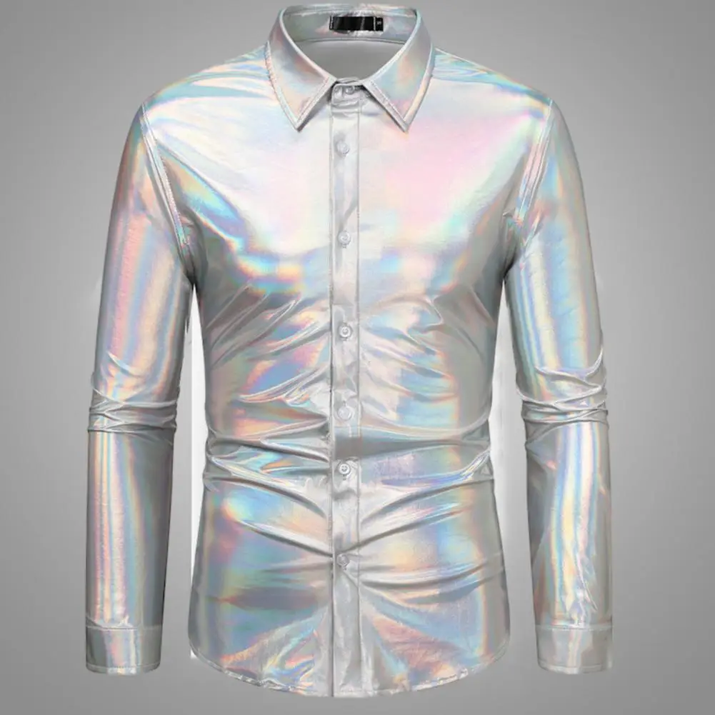 Lapel Long Sleeve Shirt Sequin Disco Shirt for Men Shiny Golden Long Sleeve Party Costume with Lapel Button Down for Christmas dress shirts men casual shirts