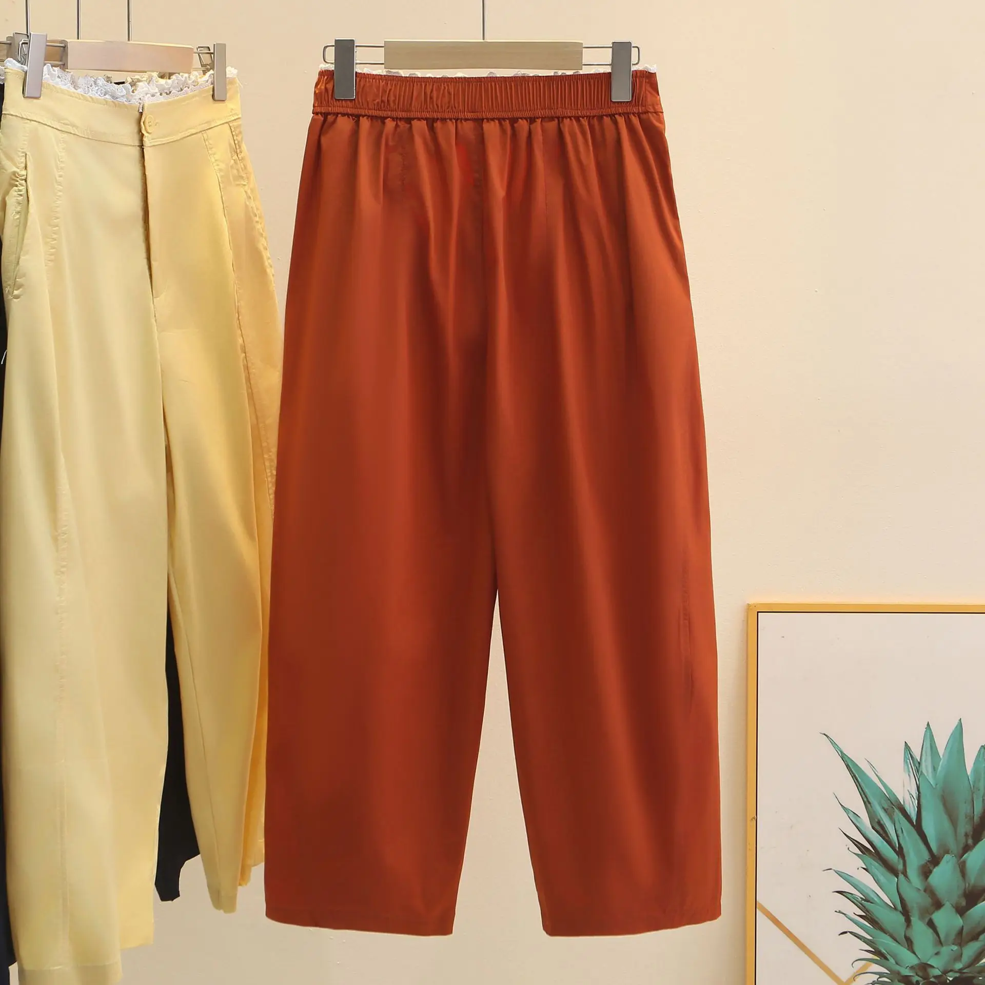 Fashion Plus Size Women's Pants Autumn New Style Lace Waist Casual Ankle Length Wide Leg Bottoms 8517