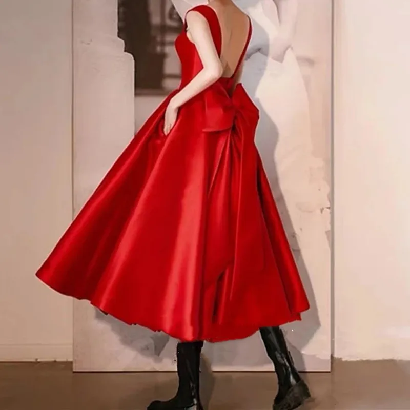 evening gowns with sleeves Elegant Satin Evening Dress Red A-Line Square Collar 2022 Evening Dress With Bow Backless Sleeveless Party Gowns Robes De Soirée sexy evening dresses