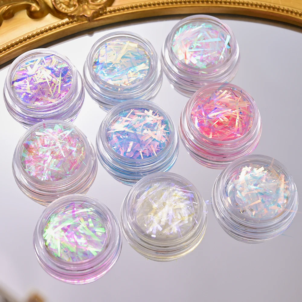 1 Jar Glass Effect Line Nail Sticker Sparkly Irregular Aurora Glass-Paper Nail Art Sequins Laser Iridescent Cellophane Glitter