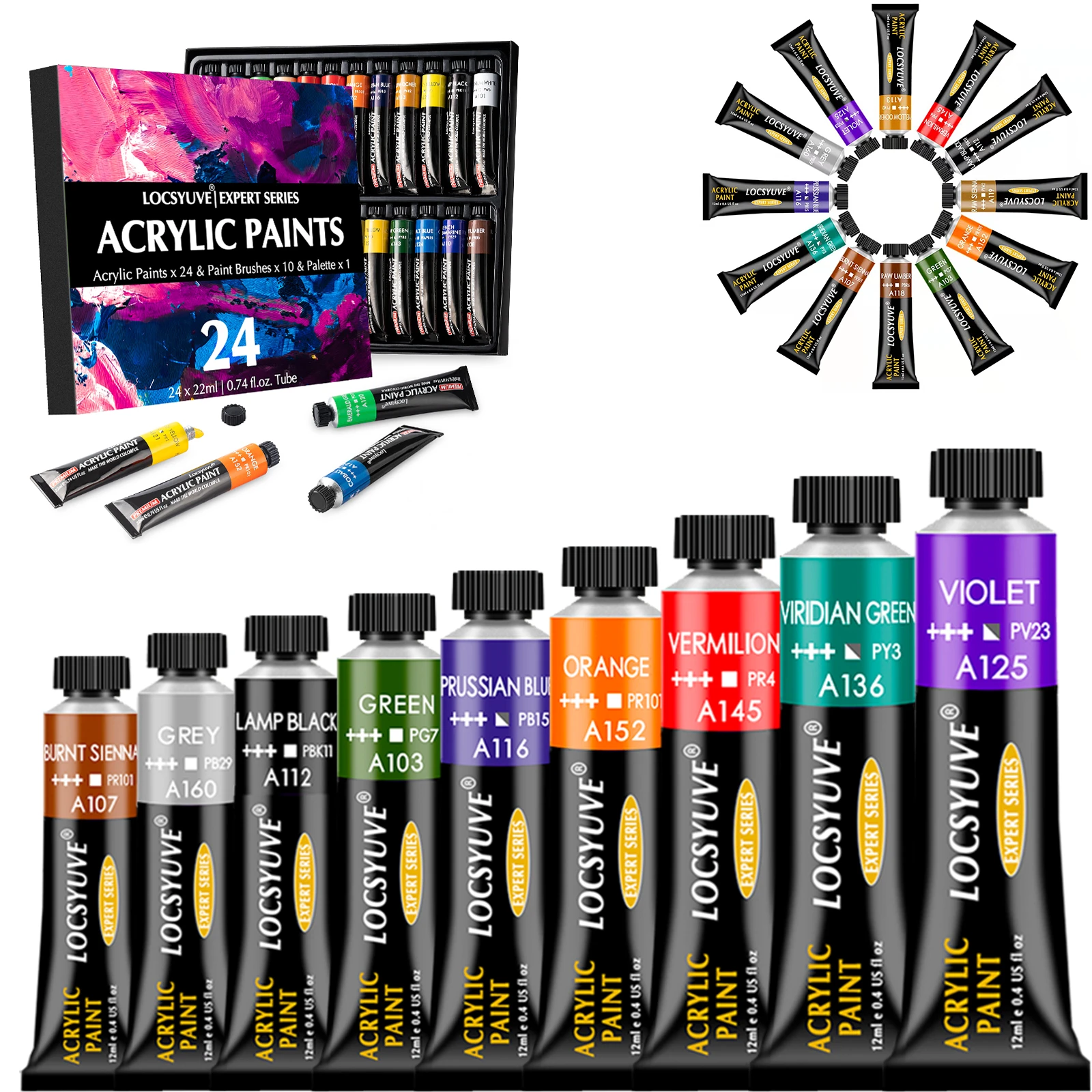 Locsyuve Premium Quality Acrylic Paint Set 24 Colors (0.74oz 22ml