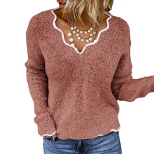 

Autumn Winter Elegant Furry Warm Knitting Sweater Jumper New Women V Neck Long Sleeve Tops Pullover Comfortable Popular Sweater