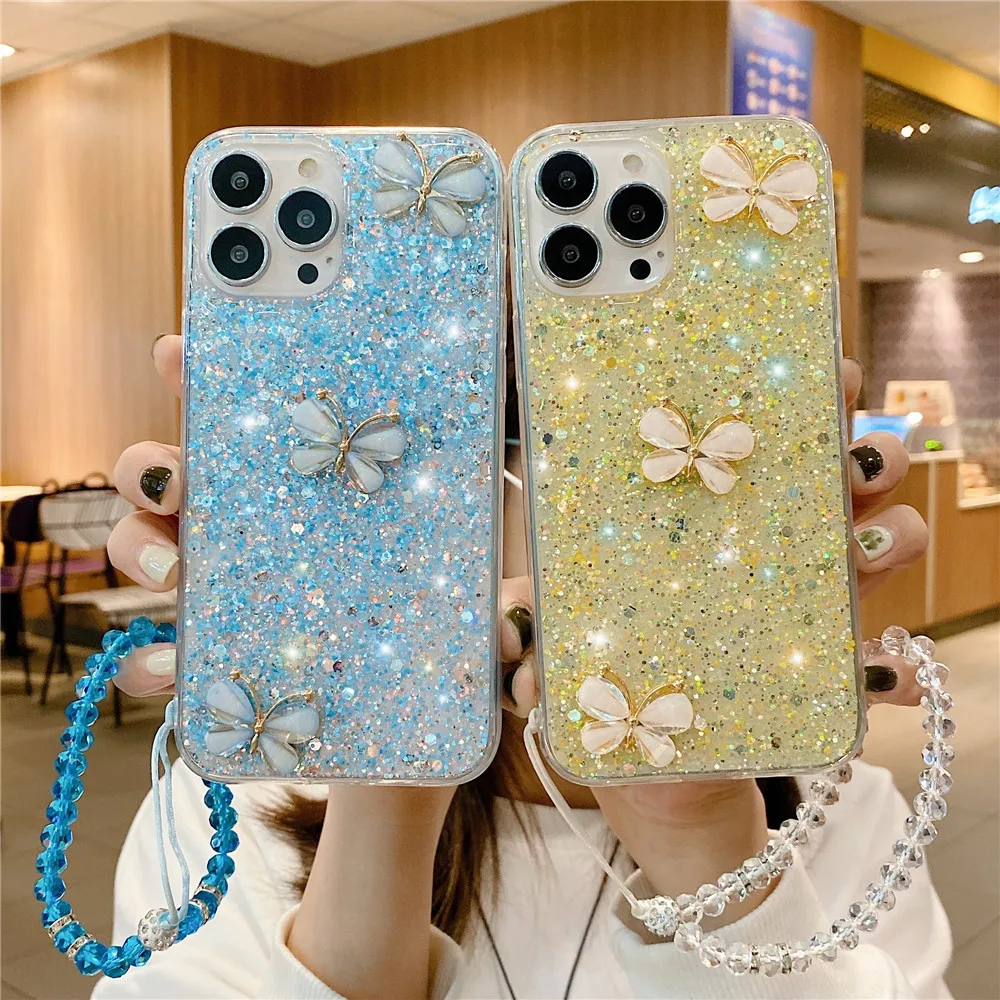Prabangus drugelio blizgučių telefono dėklas, skirtas „iPhone 16 15 14 13 11 12 Pro Max X XS Max XR 7 8 Plus“ minkštam silikoniniam apyrankės grandinėlės dangteliui_voghion.com
