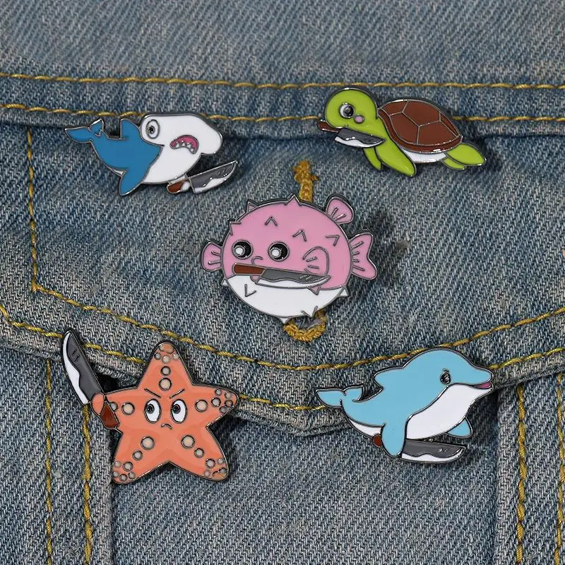 

Killer From Ocean Enamel Pins Dolphin Puffer Fish Turtle Shark Starfish Brooch Lapel Badges Animal Jewelry Gift for Kids Friends