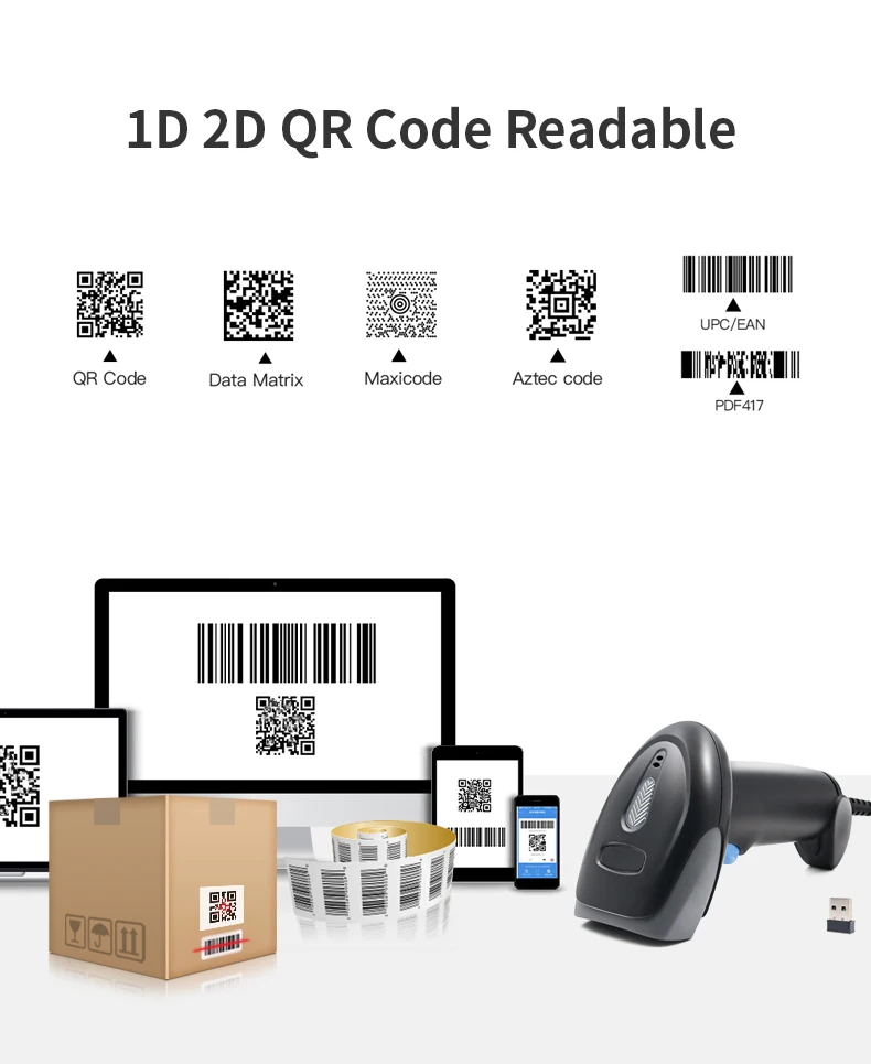 Scanner di codici a barre 2D Bluetooth Wireless palmare 1D 2D QR Data matrix PDF417 lettore di codici a barre USB per il pagamento del supermercato del negozio