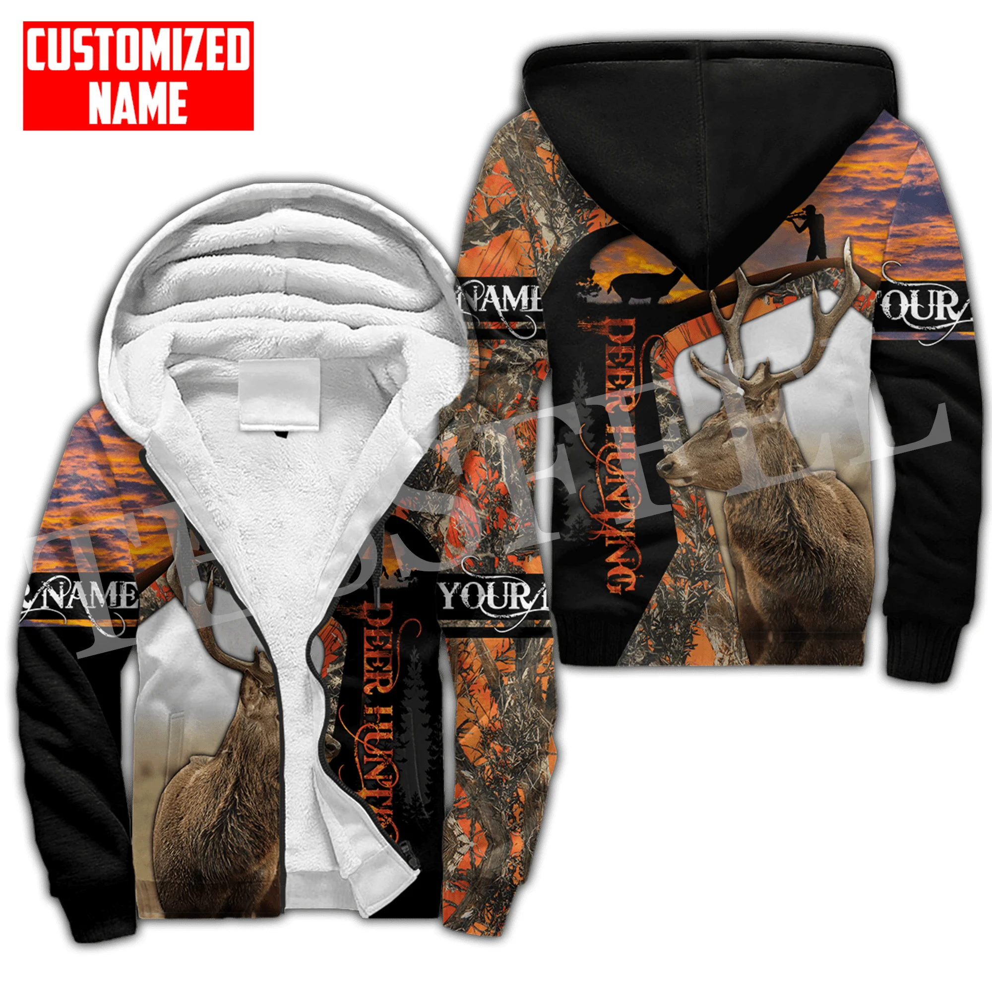 Custom Name Deer Hunting Animal Hunter Camo Cosplay Retro 3DPrint Men/Women Harajuku Winter Coat Fleece Hoodies Casual Jacket X4