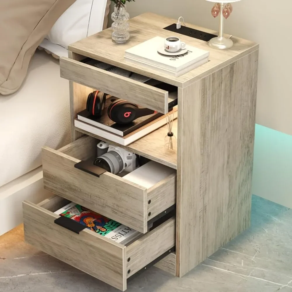 

Folding Tables Basses Nightstand With 2 Drawers and Lights Salon Table Coffee End Table With Charging Station Greige Night Stand