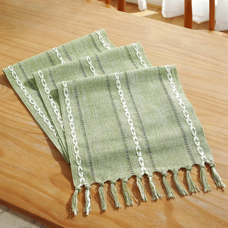 Green Table Runners Boho Rustic Tassels Farmhouse Braided Striped Cotton Linen for Dining Party Holiday Wedding Table Decoration 2