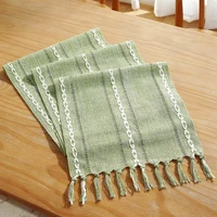 Green Table Runners Boho Rustic Tassels Farmhouse Braided Striped Cotton Linen for Dining Party Holiday Wedding Table Decoration 2