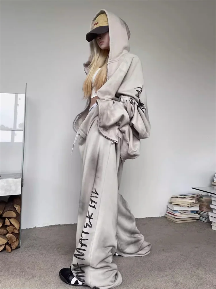 QWEEK Harajuku Streetwear Jogger Pants Women Y2K Hippie Letter Print Sweatpants Oversize Vintage Grunge Wide Leg Sports Trousers