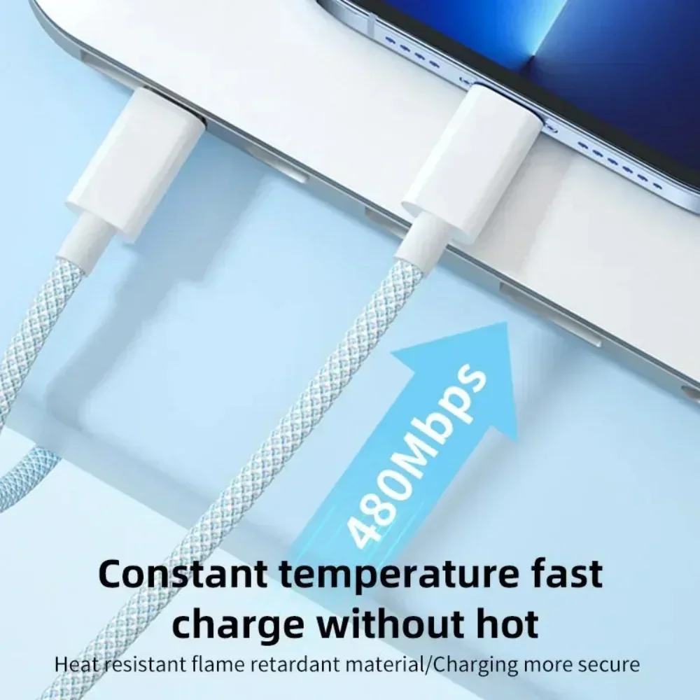 60W Type C Braided Data Cable Fast Charging Wire Double PD Fast Charging Phone Cable For iPhone 16 15 Samsung Xiaomi Data Cords