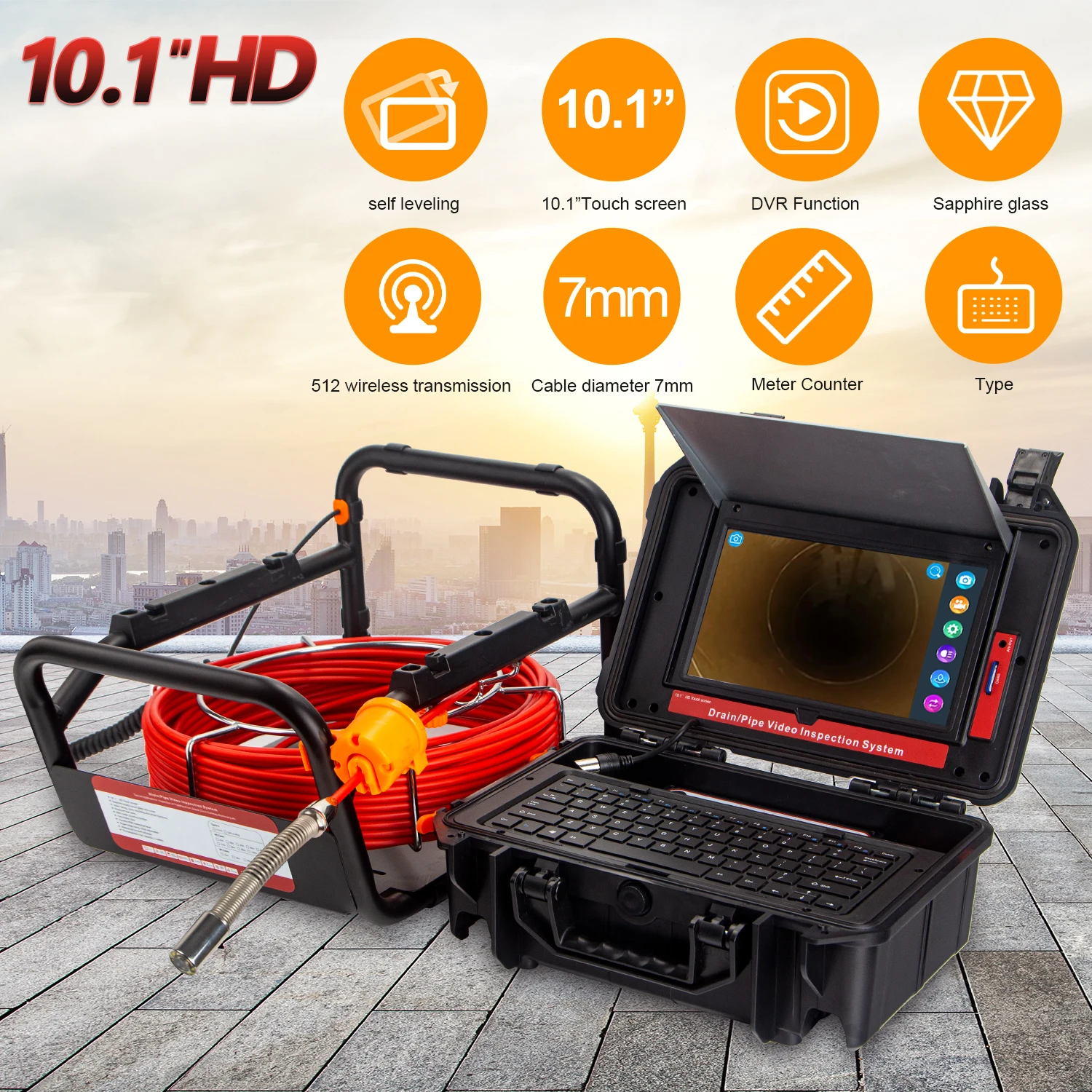 10.1 인치 7MM 미터 카운터 DVR 셀프 레벨링 512Hz 송신기 23MM 배수관 검사 카메라 512Hz 로케이터 수신기