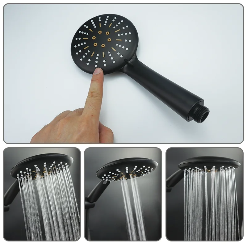 Wall Mounted Black Coating Shower Bar 3 Function Spray Hand Shower Head Stainless Steel Hose Adjustable Bathroom Sliding Bar Height Adjustable Shower Bar