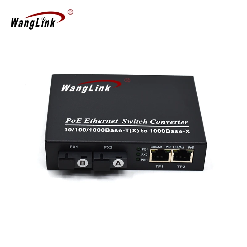 Wanglink Poe Media Converter Gigabit 2 Port 1000Base-X to 2 Ports 10/100/1000BaseT PoE Fiber Switch 48V For IP Camera CCTV