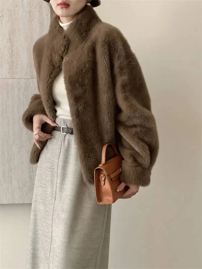 LANMREM Eco-friendly Mink Fur Windproof Stand Collar Faux Mink Coat For Women Warm Winter Thick Jackets With Pockets 2DB5167