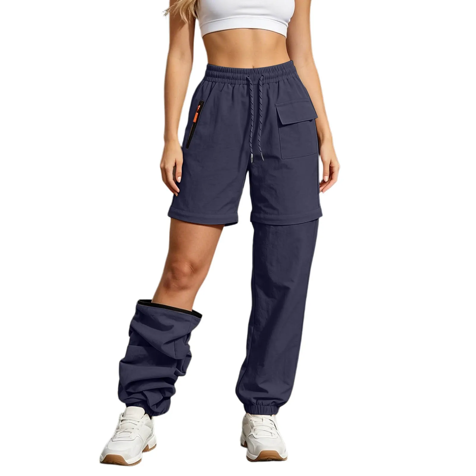 Women Elastic Waist Drawstring Zip Off Pants With Pockets Convertible Quick Dry Detachable Hiking Trousers Athletic Cargo Pants