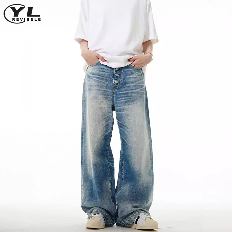 

Retro Washed Button Design Jeans Men Women American High Street Baggy Wide Leg Pants Fashion Harajuku Straight Denim Trousers