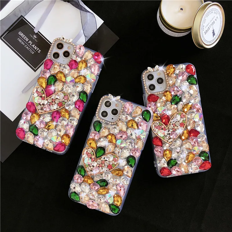 

Geometry Rhinestone Love Heart Phone Case For Samsung S23 S22 S21 S20 Ultra A52 A51 A13 A53 A71 A81 Bling Colorful Crystal Cover