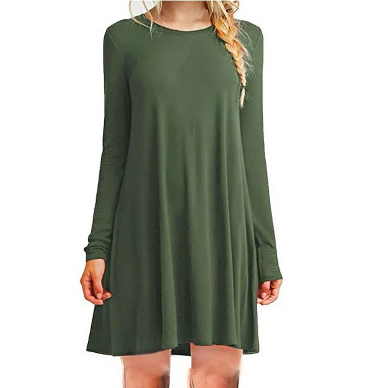 Womens Long Sleeve Swing Dress - Casual Solid Color Round Neck Autumn Winter