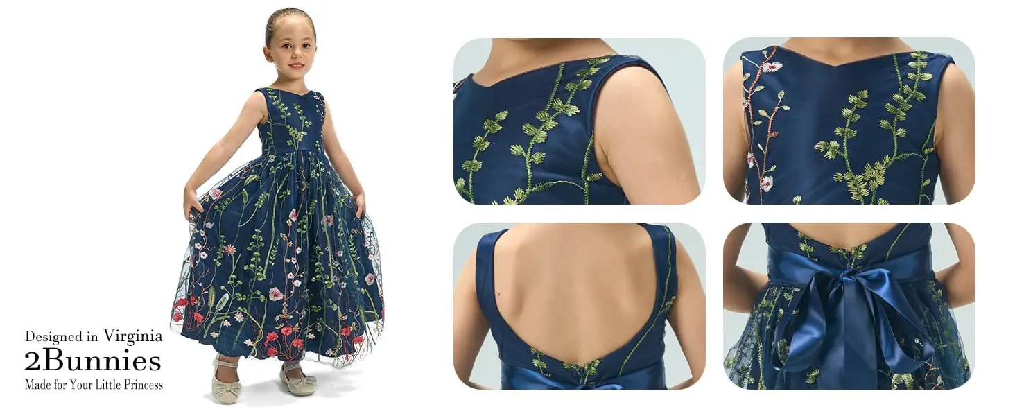 2bunnies Wildflower Embroidered Girl Dress in Navy