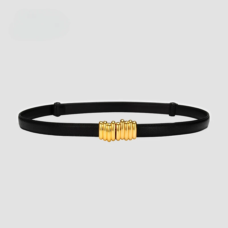 

New Ins Cowskin Gold Buckle Belt Women Fashion Thin Genuine Leather Shiny Belts Female Jeans Dress Waistband 2024