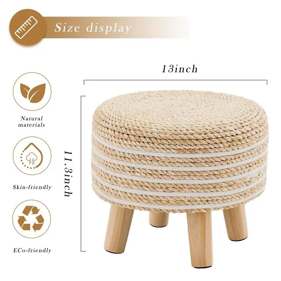 Round Seagrass Ottoman Footstool Handwoven Water Hyacinth Pouf with Solid Wood Legs Shoe Changing Stool Sturdy amp Stylish Footr