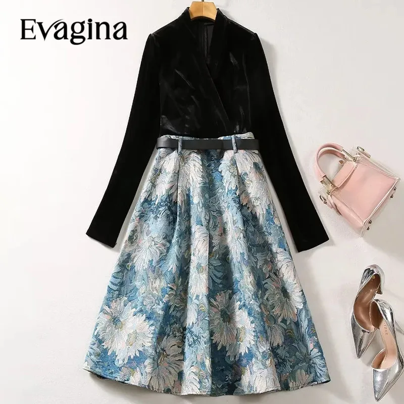 

Evagina New Fashion Runway Designer Women's V-Neck Long Sleeve Velvet Splicing Printed Belt Slim Mid-Length Vintage Dress