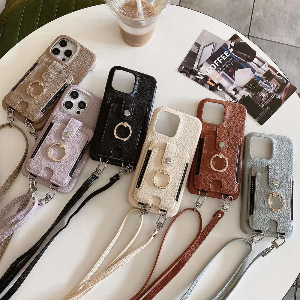 Luxurious Leather Crossbody Phone Case with Ring Wallet and Card Holder