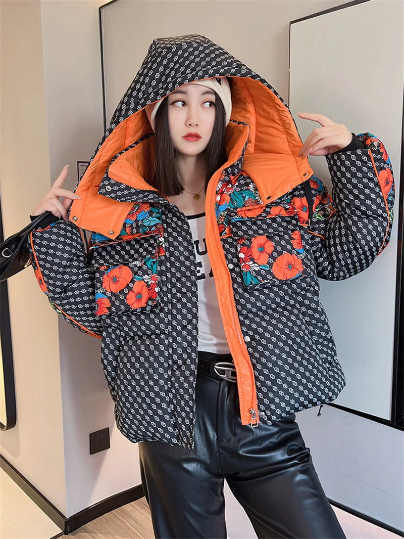 New Down Cotton-Padded Jacket Printed Hooded Thickened Loose Warm Padded Jacket Female Winter Flower Cotton-Padded Jacket
