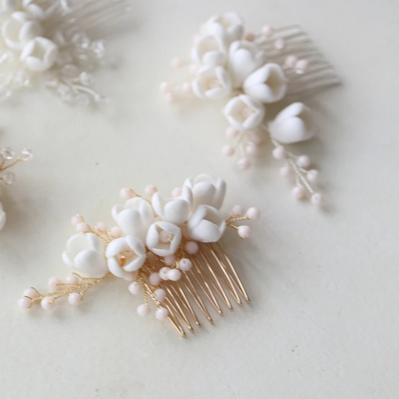 

Delicate Wedding Small Comb Bridal Hair Pin Ceramic Floral Girls Headpiece Handmade Women Accessories