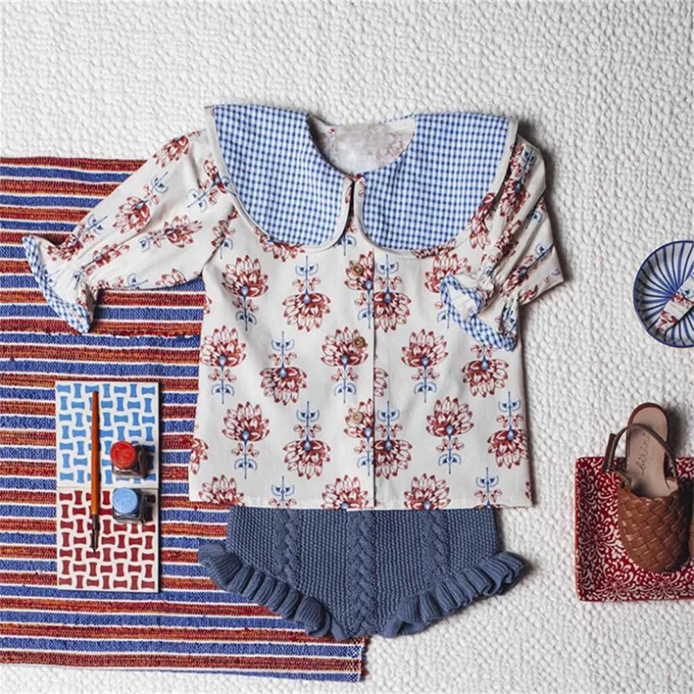 1-8Yrs Girls Floral Blouse Summer Kids Shirts Short Puff Sleeve Toddler Tops for Baby Girls Clothes Vintage Children Shirt kids shirts