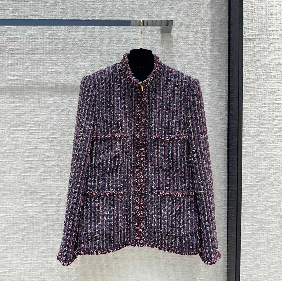

Fashion Design Purple Woven Tweed Jacket Women Stand Collar Long Sleeve Zipper Fly Four Pockets Vintage Elegant Coat