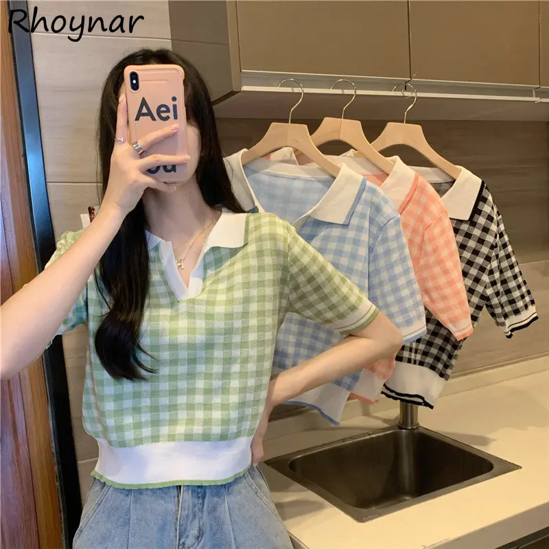 

4 Colors Knitted Short Sleeve T-shirts Women Plaid Harajuku Casual Sweet Preppy Thin Summer All-match Aesthetic Teens Tops Mujer