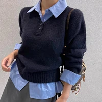 Loose Women's Knitted Sweater with irt Collar Fake Two-Piece Autumn Winter Faionable Korean Sle Long Sve  Ne - Image 2