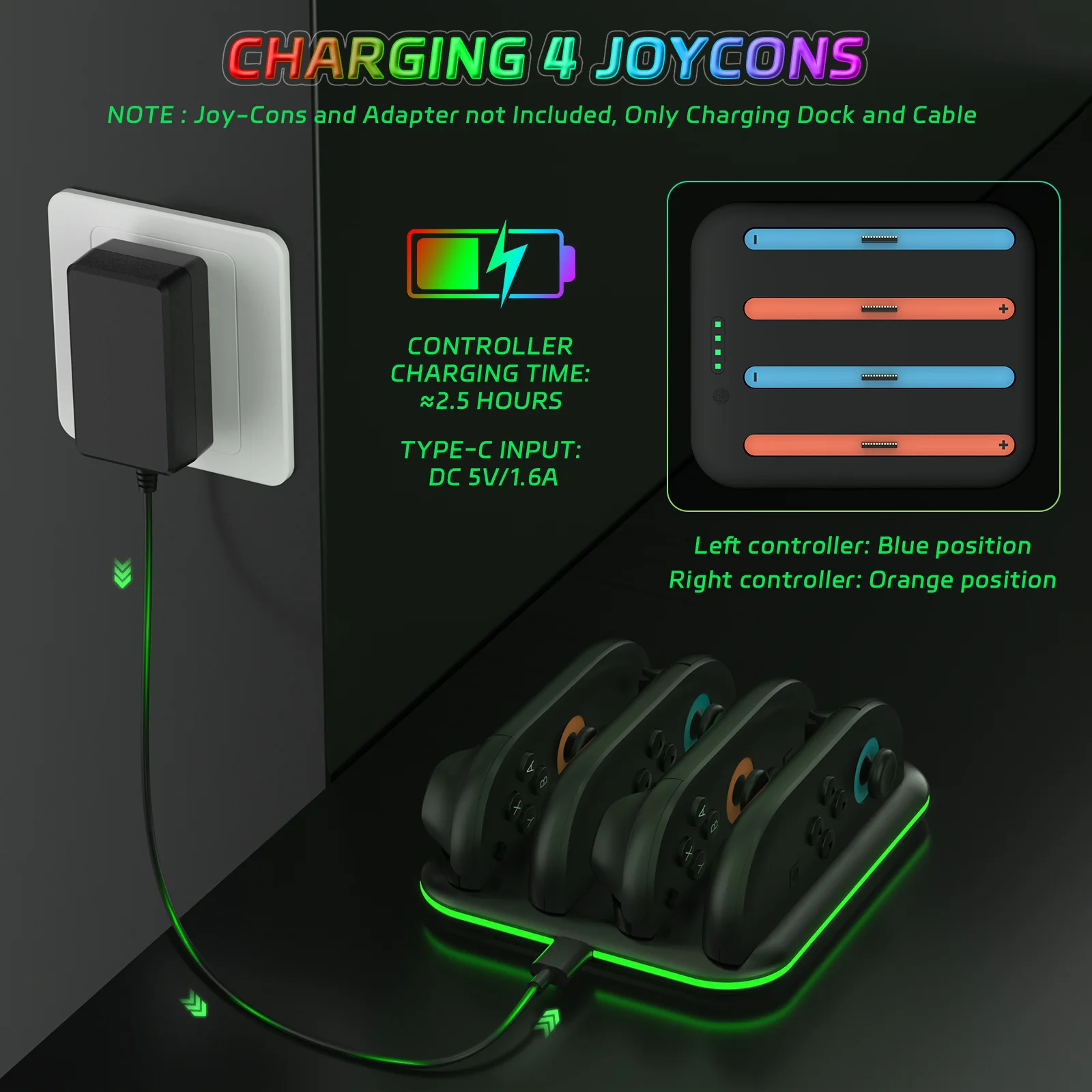 Charging Dock JYS-NS2303 for Switch 2 Gamepad with 4 Slot Fast Charge, Real Time LED Status&Safety protections&Charging Cord