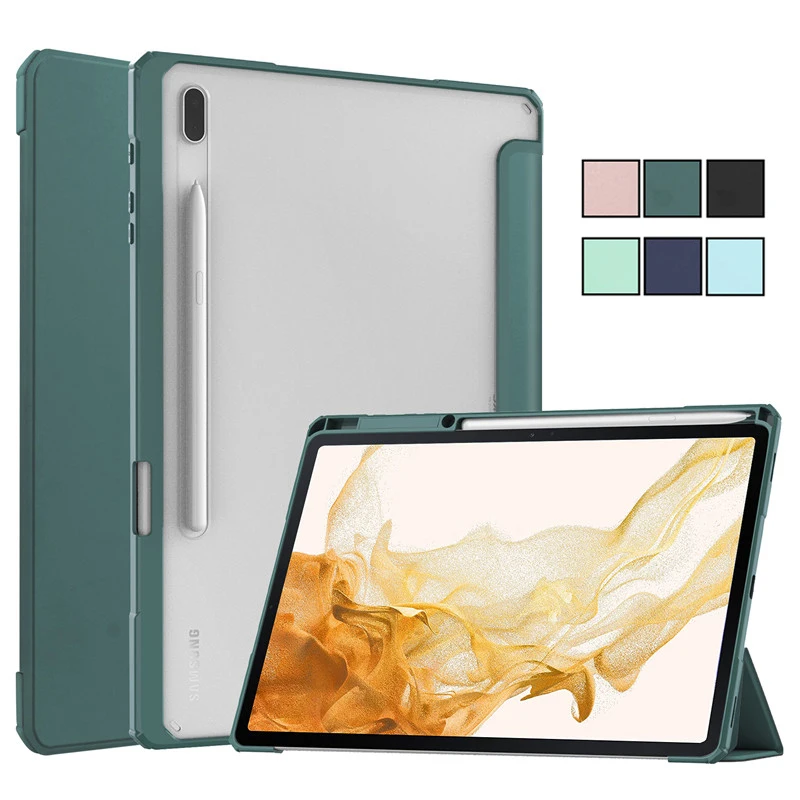 

Tablet Case For Samsung Tab S8 Plus Case With Pen Holder PU Leather Acrylic Clear Back Folding Cover For Galaxy Tab S8 S8 Plus