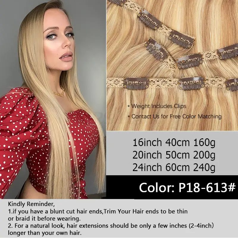 Human Hair Extensions 24inch 240G Clip in Human Hair Extensions Seamless Clip in Hair Pieces 6PCS FULL Head For Thick Raw