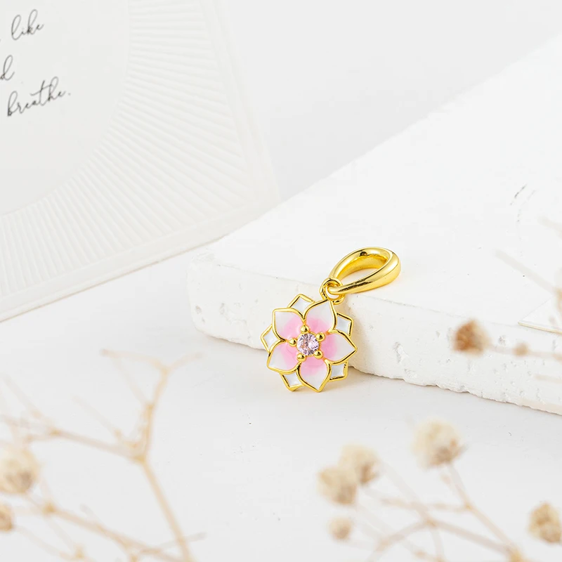 Gold Plated Colourful Bead Jewelry Gift Pink Daisy Flower & Cherry Blossom Charm Fit Original Silver 925 Europeans Bracelet charm jewelry beads charms silver charm bead charm bead beads jewelry sterling silver beads charm silver bead bracelet silver charm bracelet