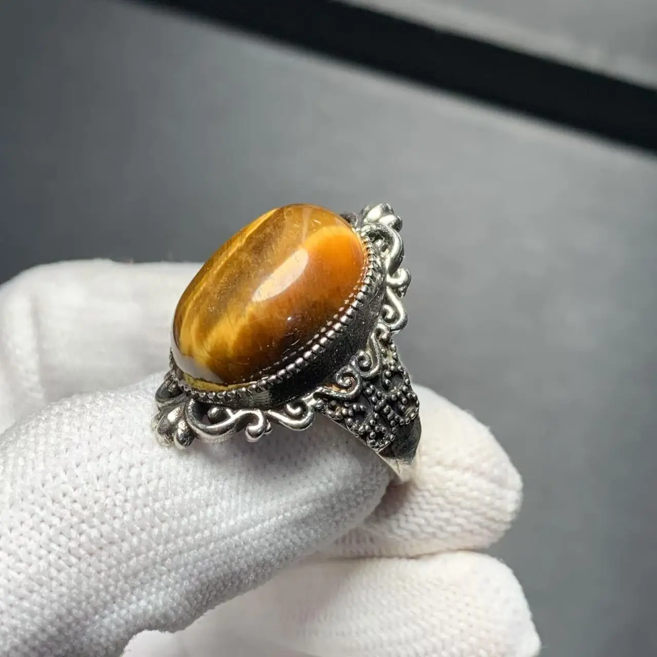 18*14MM Natural Tiger's Eye Ring Adjustable Female Ring Jewelry for Women Gift Wholesale High Quality Vintage Fine