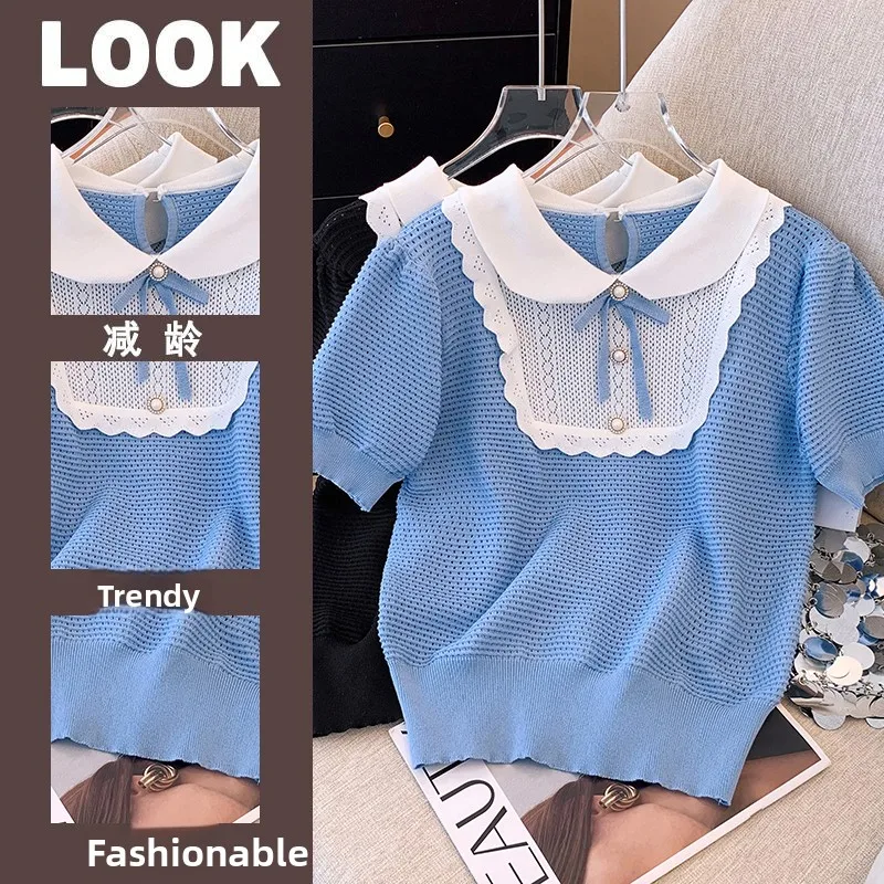 Sweet Knitted ort Sve T-irt for Women with Doll Collar Bow Knot Top Youthful Sle Casual Summer Faion Chinese Brand
