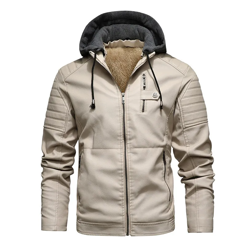 Fashion Leather Jacket Men Autumn Fleece Liner Pu Leather Coats with Hood Winter Male Clothing Casual White Motorcycle Jackets sun protective clothing for men very thin light 2022 new summer male jacket with a hood skin dust coat white blue gray j05