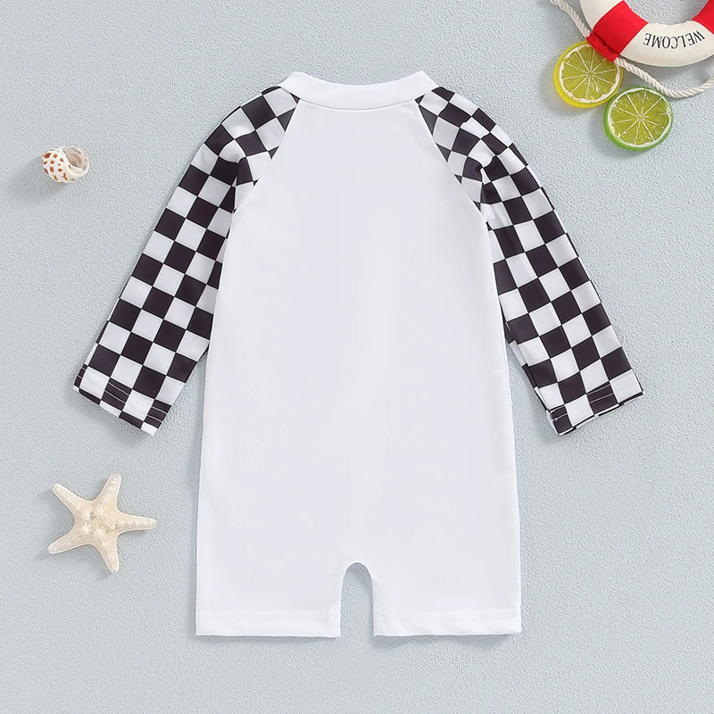 긴 소매 라운드 넥 지퍼 래쉬 가드 수영복, 바둑판 세트, 6M-4T 소년 수영복