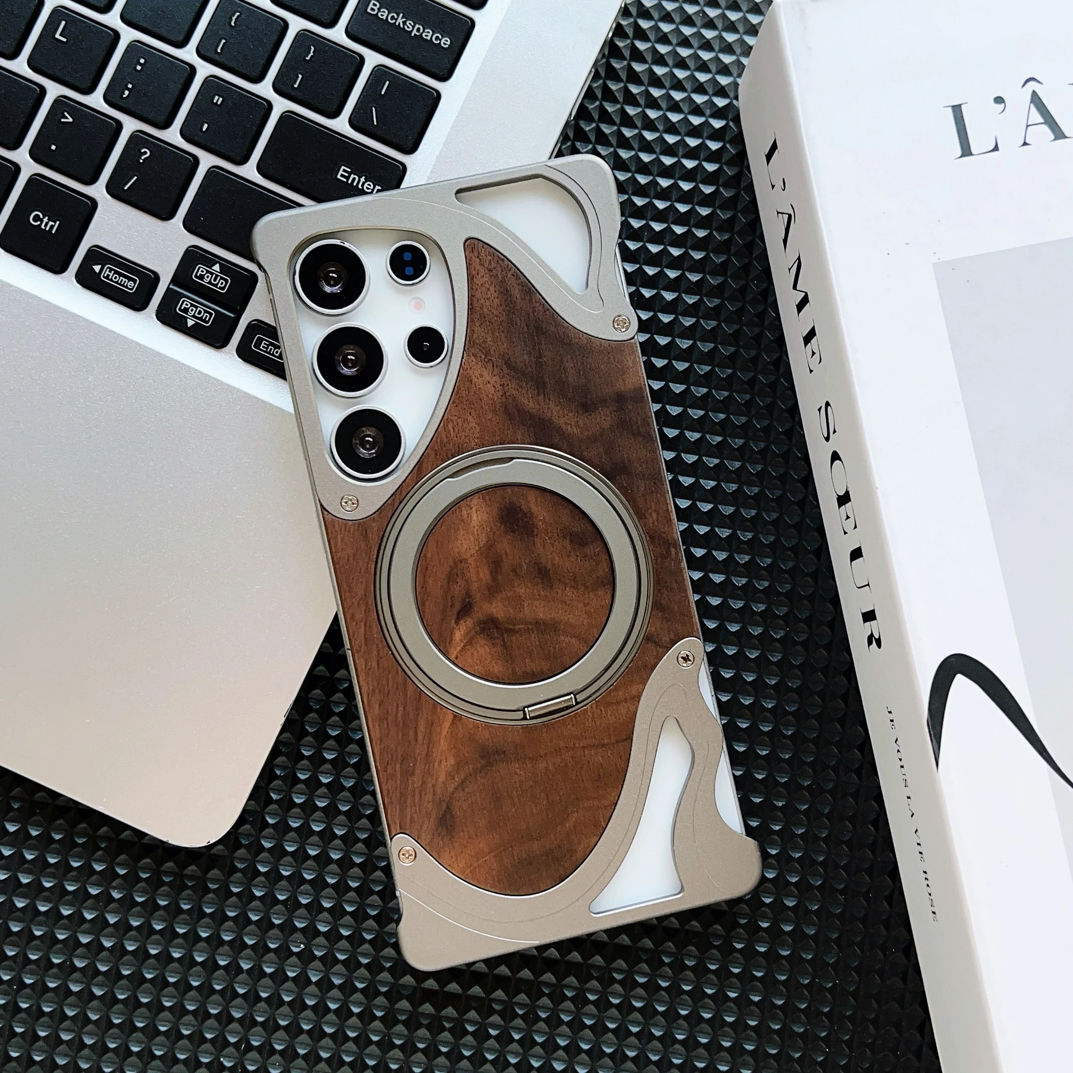 Walnut Wood Metal Armor Case with 360° Rotating Magnetic Bracket - Shockproof Cover